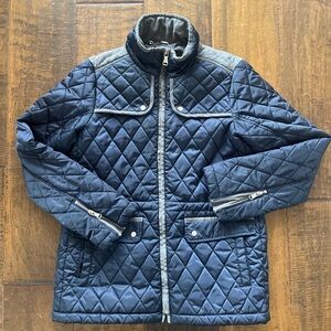 Vince Camuto navy blue diamond-quilted barn jacket with faux suede trim
